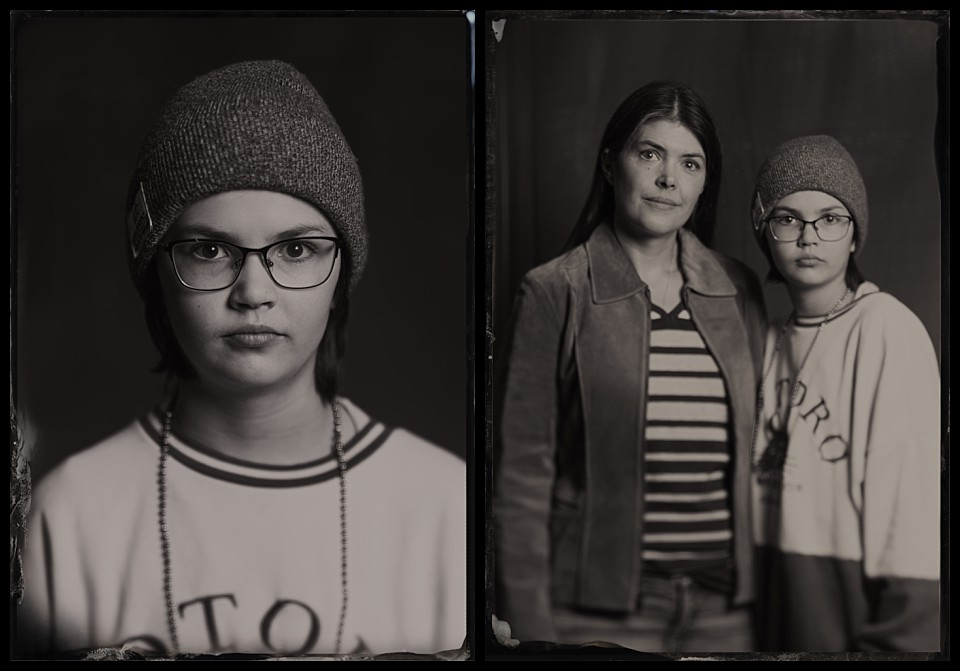 tintype of a beautiful woman and her daughter in a totoro sweatshirt