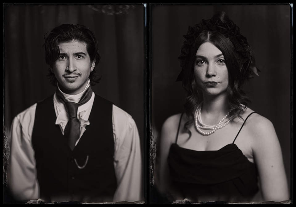 murder mystery party tintype photobooth young couple dressed up