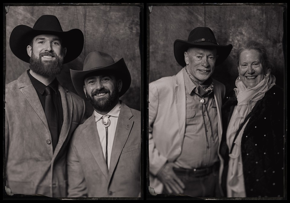 caribou club wedding welcome party tintypes in aspen portrait of a couple and men best friends in western wear