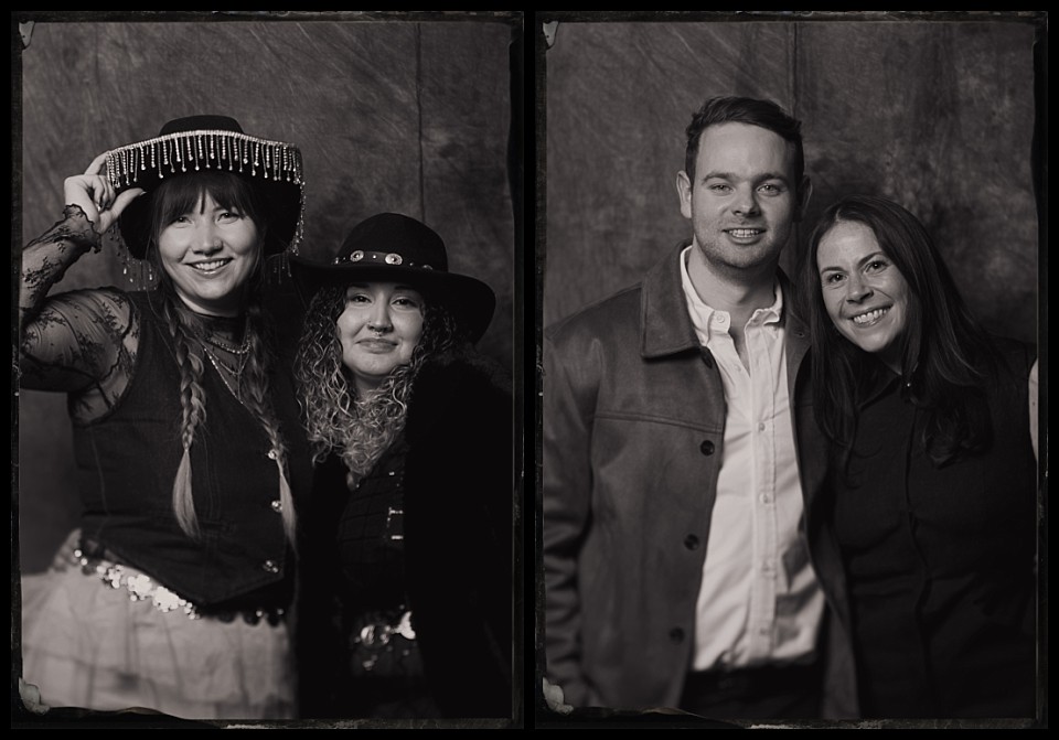 caribou club wedding welcome party tintypes in aspen portrait of women in fun western hats with fringe