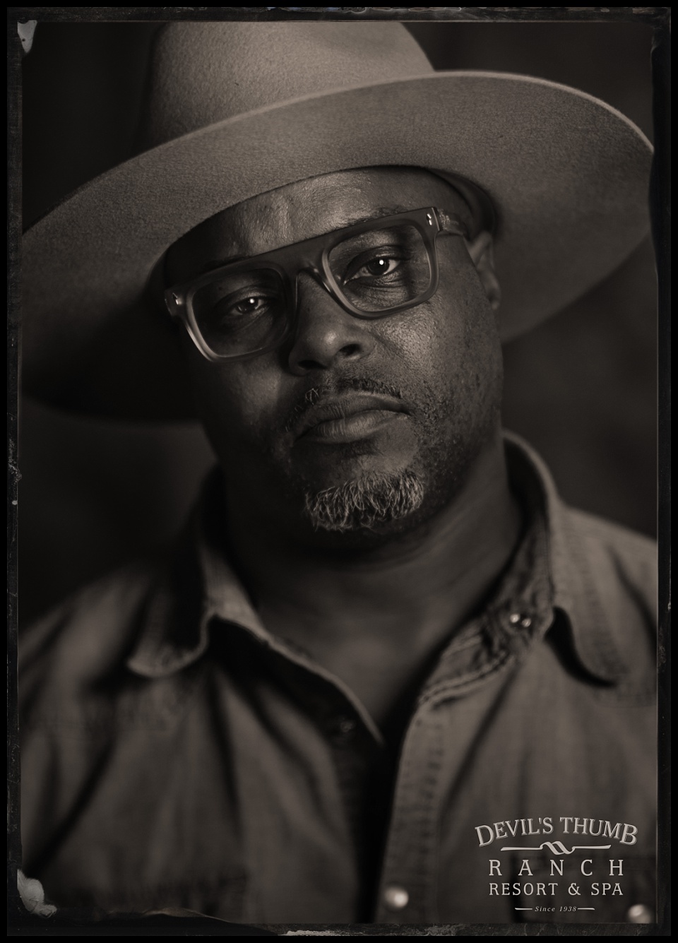 devils thumb ranch tintype of african american man in glasses and cowboy hat