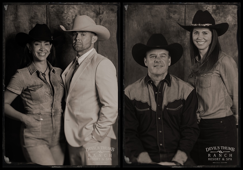 devils thumb ranch tintype of white suit cowboy couple