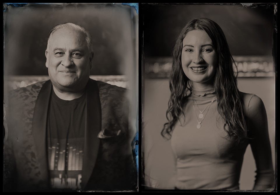 tintypes at georgies in denver portraits of a man in a jacket and a young woman wiht long hair