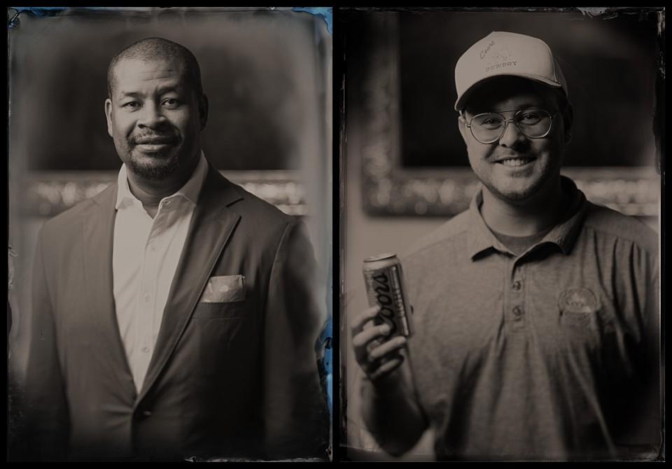 tintypes at georgies in denver portraits of a sharp dressed man and another in a coors hat and shirt