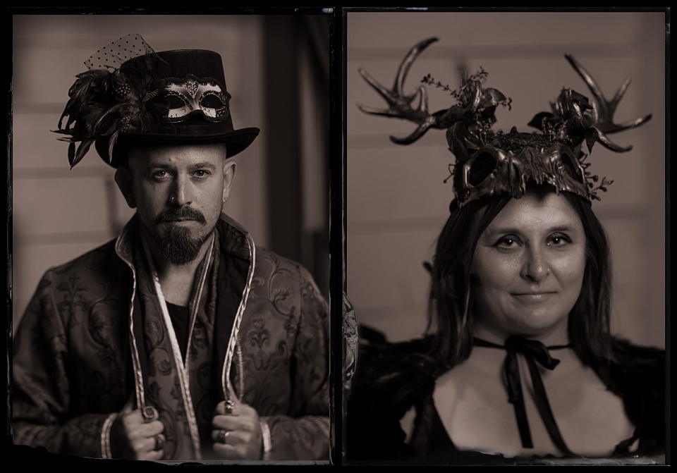 spirits and spirits tintype photobooth couple with masquerade costumes