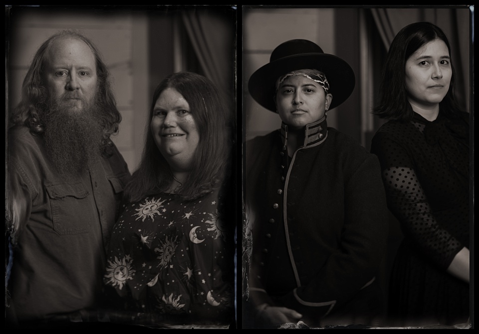 couples tintype portraits in window