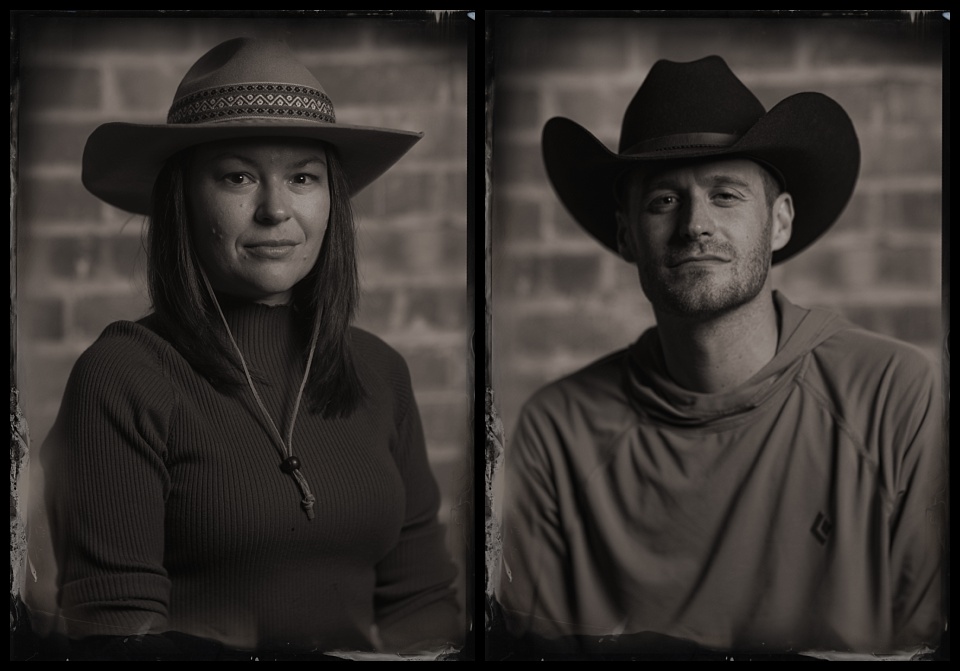 tintype photobooth wild west winterfest man and women alone in cowboy hats